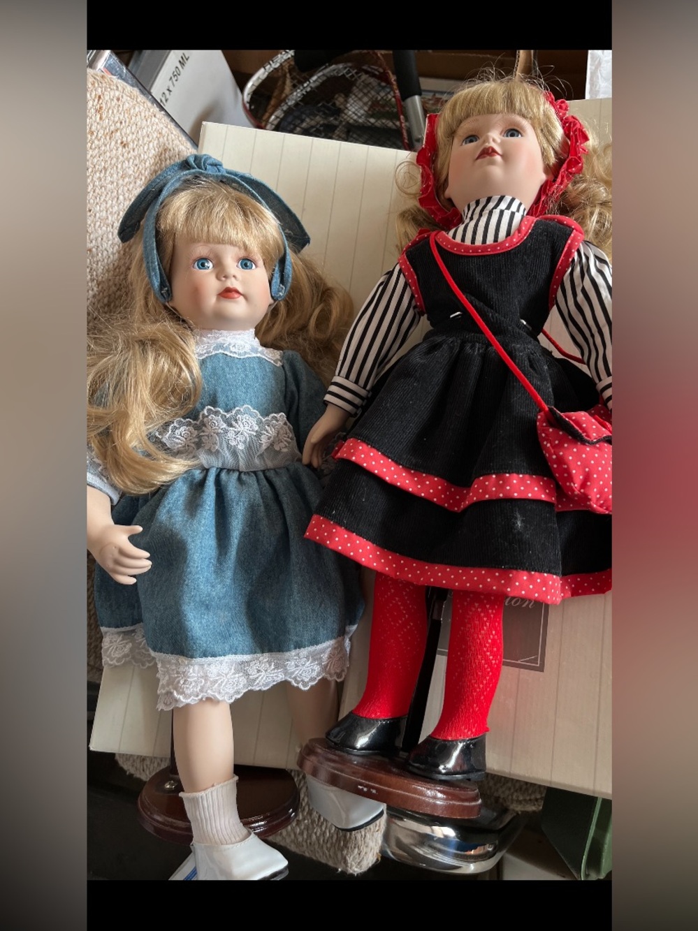 Vintage-Style Doll Pair - Blue and Black/Red Dresses